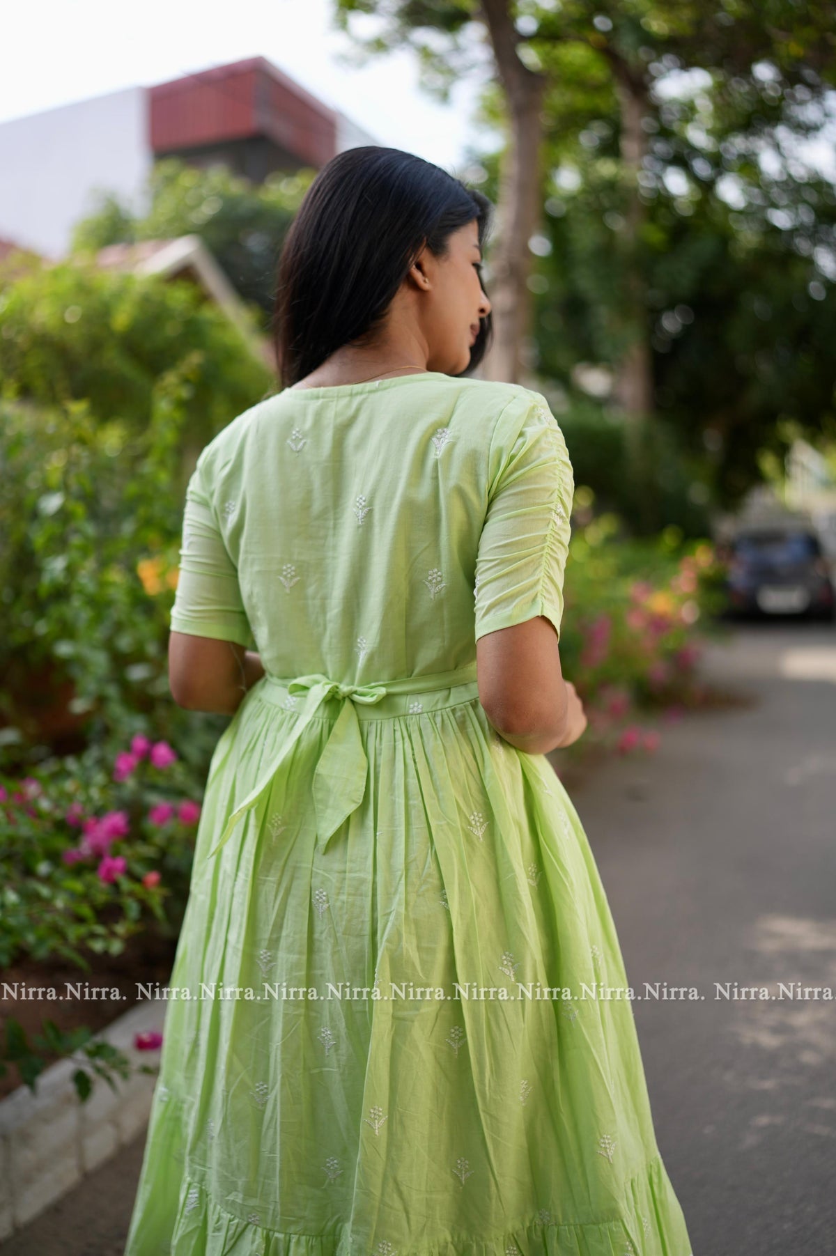Pastel green embroidered cotton maxi