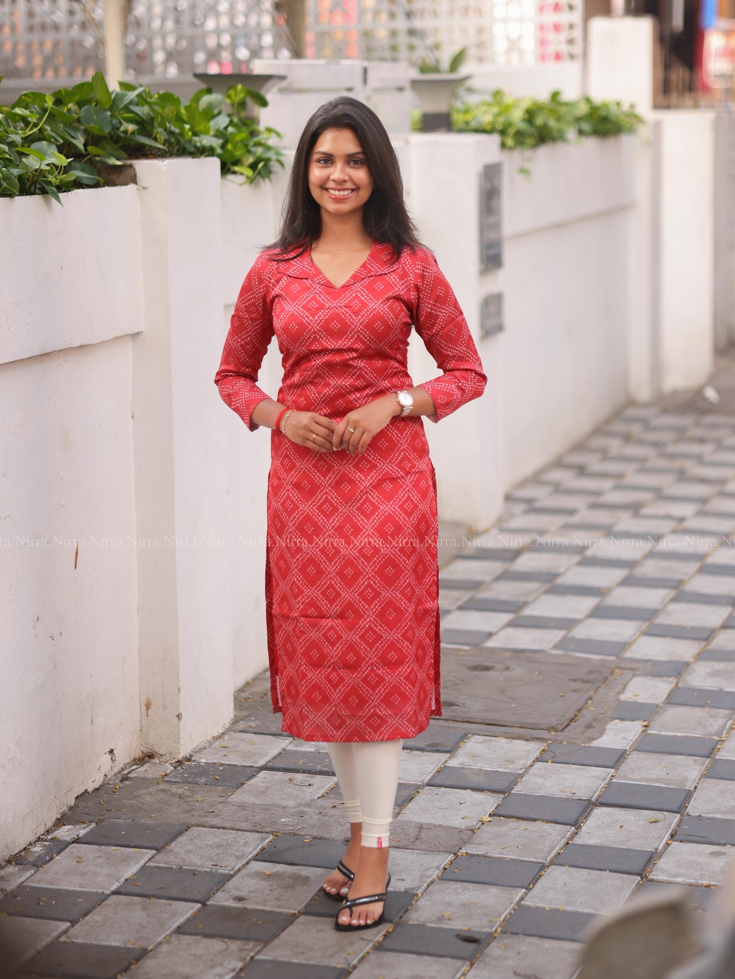 Red bandhini print modal satin kurti