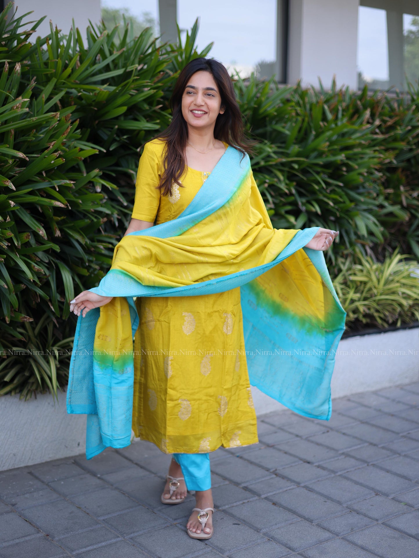 Yellow and blue silk salwar set