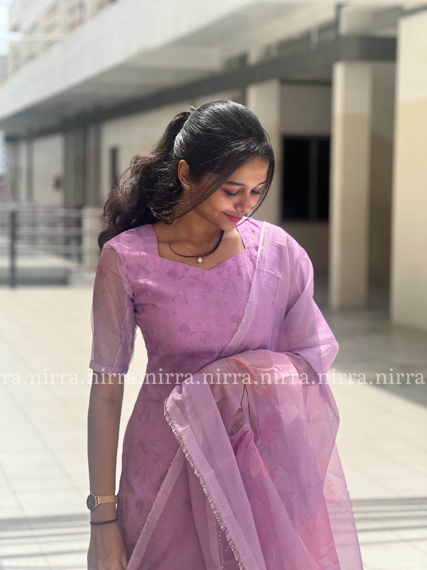 Lilac tissue kurti with floral print tissue duppata