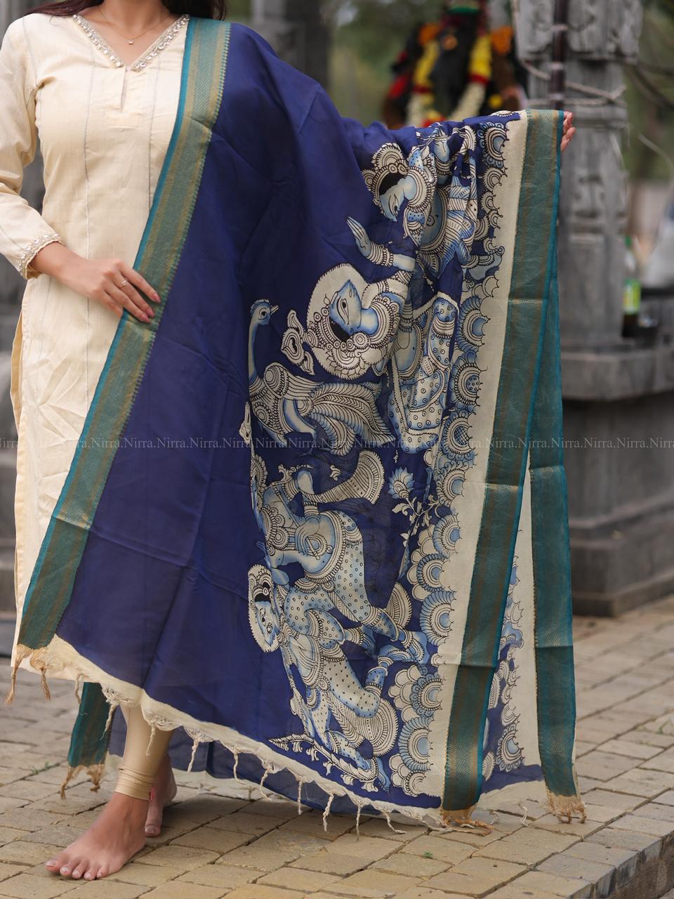 Cream raw silk kurti with crystal lace work paired with ink blue hand painted Kalamkari shawl