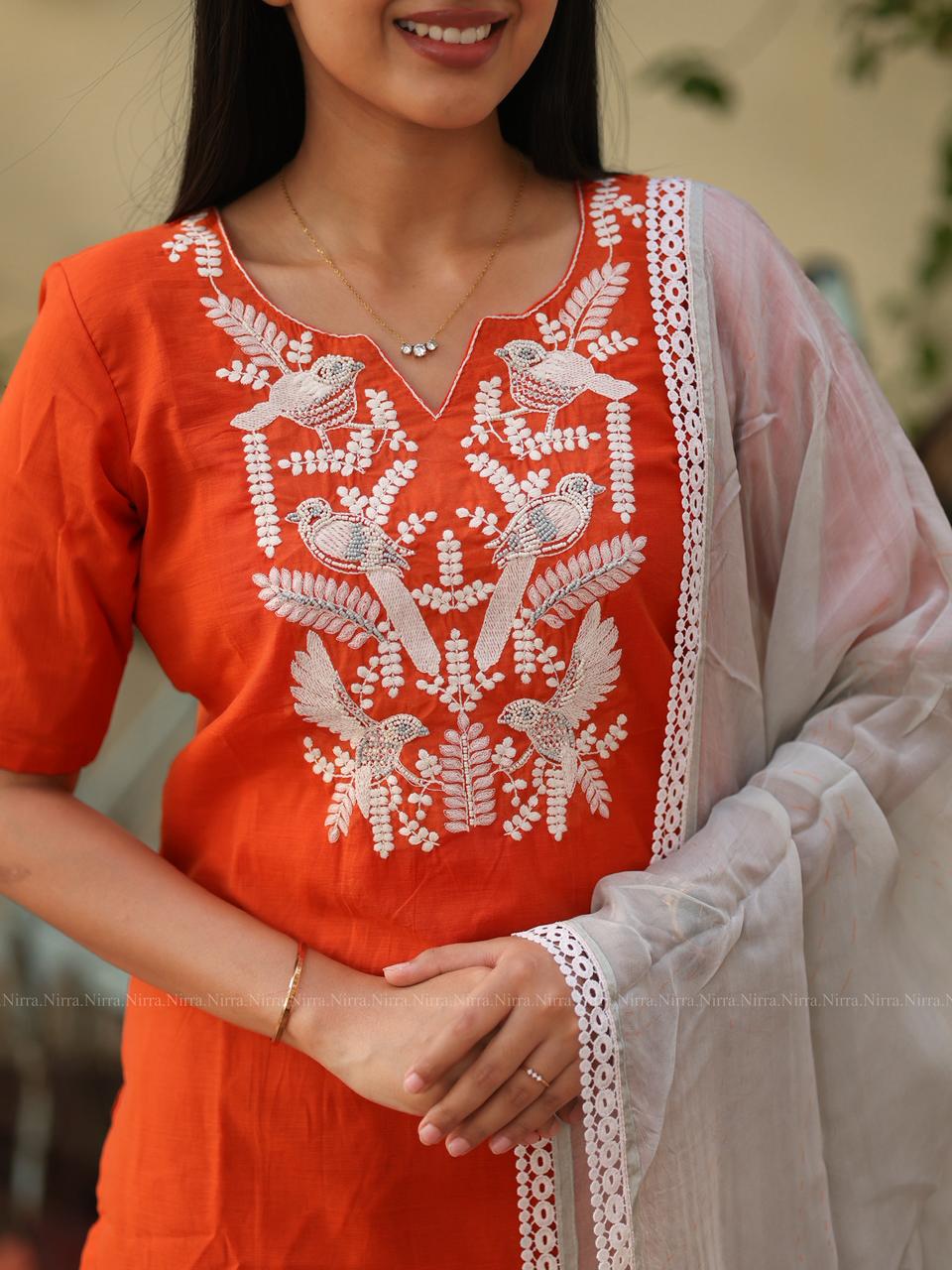 Orange and grey soft mul Chanderi suit set with bird embroidery