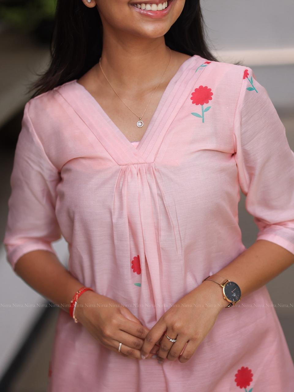 Peach chanderi A line kurti with floral print