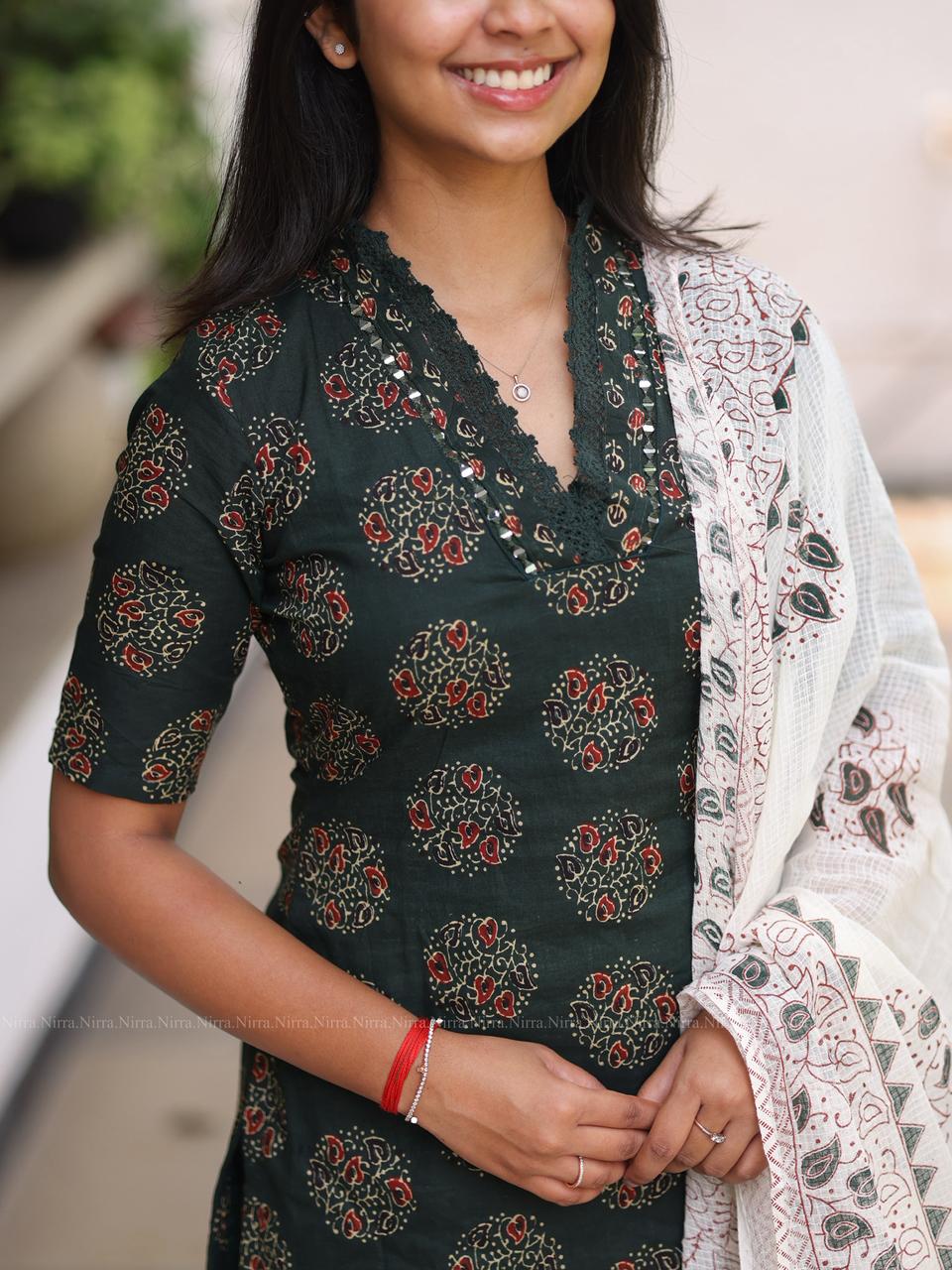 Green Jaipur cotton set with mirror work, printed pants and cotton shawl