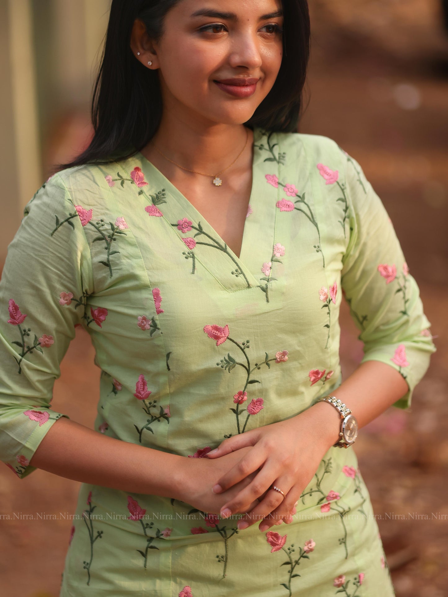 Green cotton embroidery princess cut Aline kurti