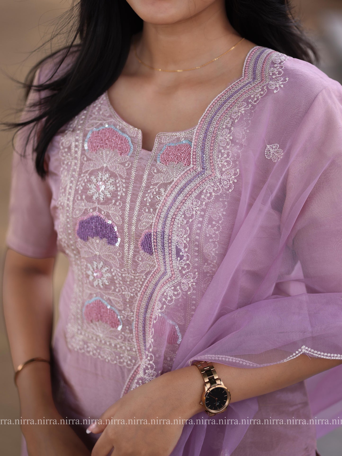 Onion pink tissue premium salwar set with embroidery at yoke and organza shawl