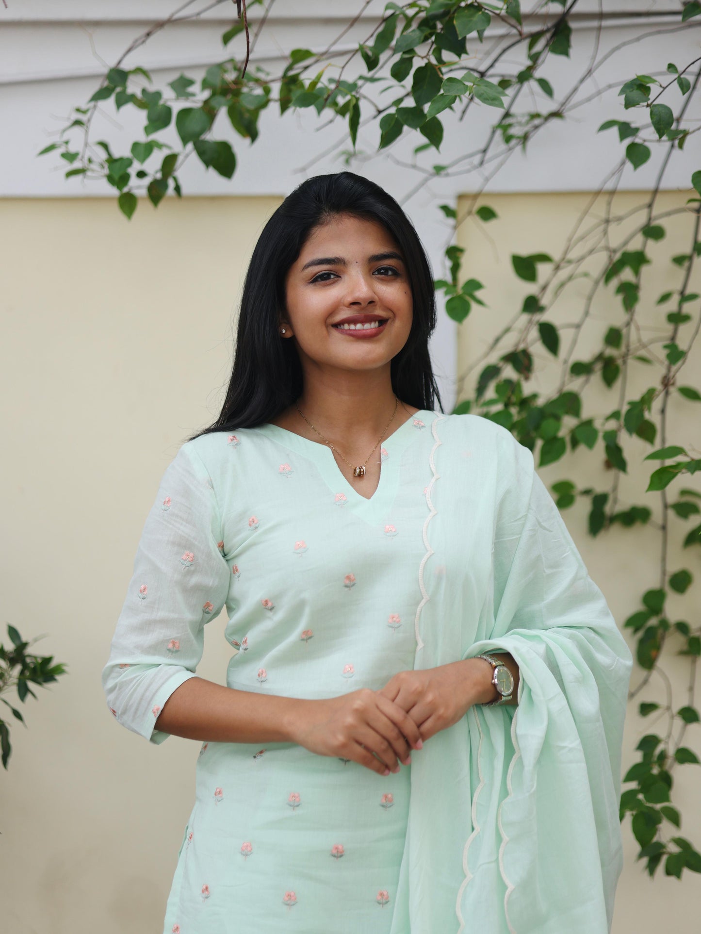 Pastel Green pure mul chanderi embroidery salwar set with scallop shawl