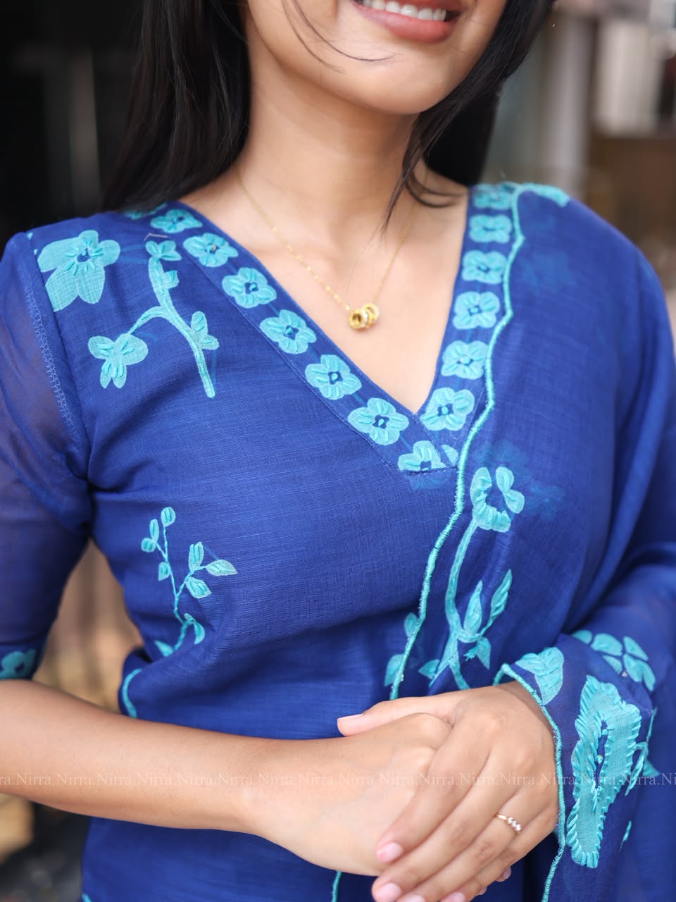 Royal blue chanderi set with Kantha embroidery work
