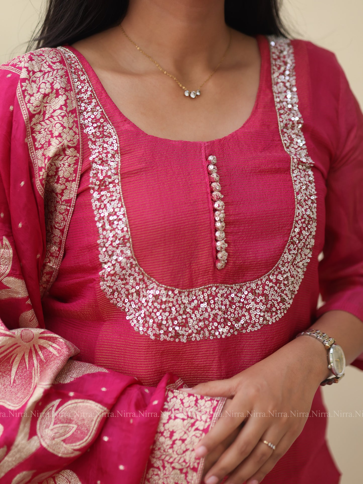 Pink tissue premium salwar set with sequence embroidery and Banaras shawl