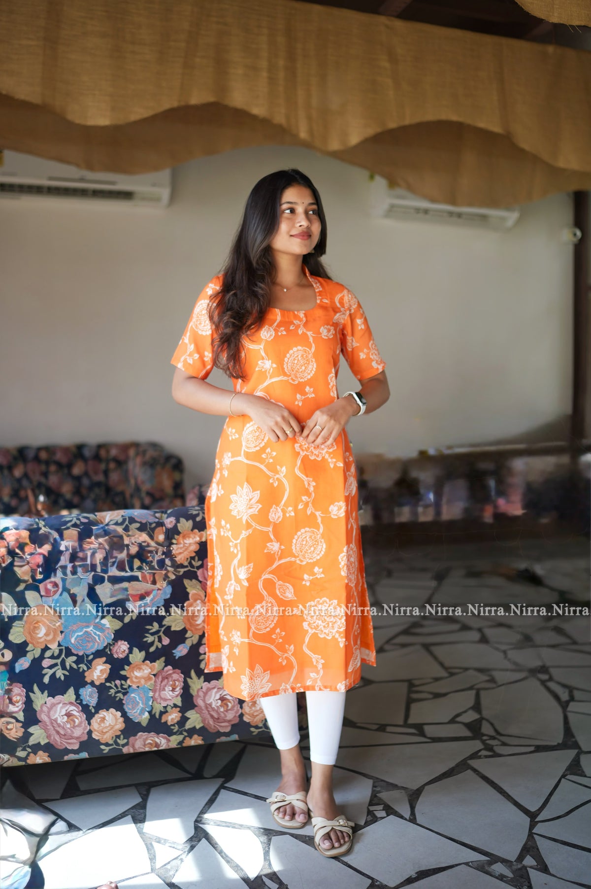 Orange floral print cotton kurti with halter neck