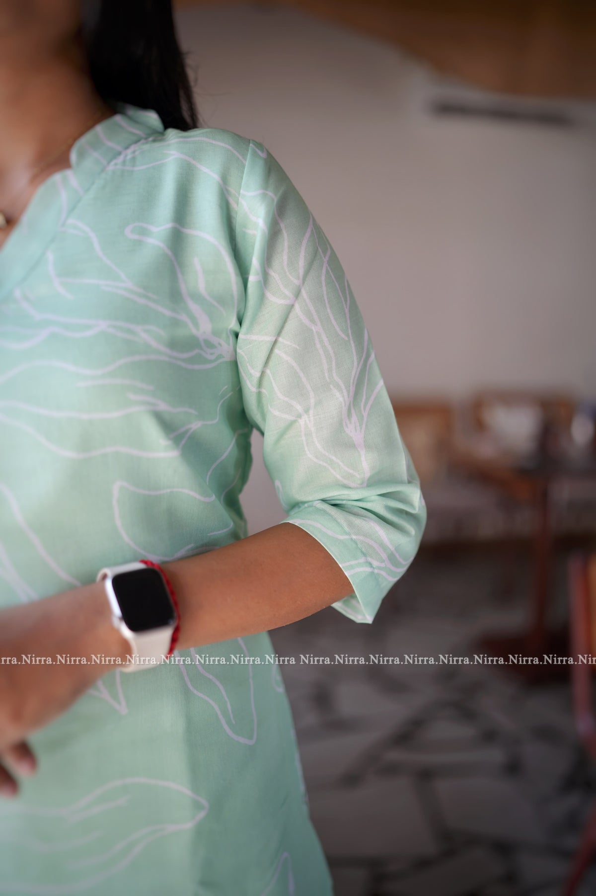 Torquoise green cotton kurti with collar neck
