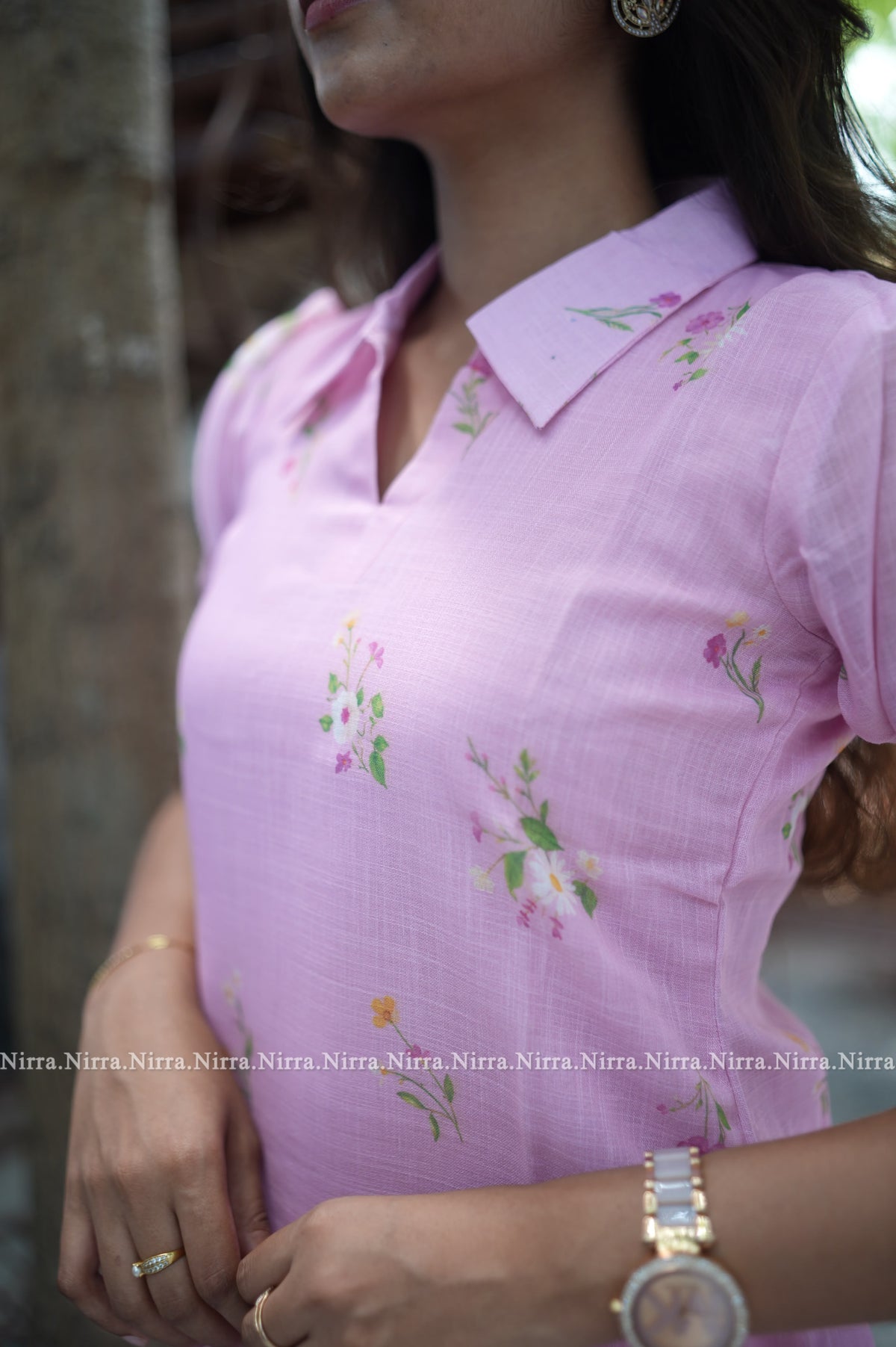 Pink floral Chanderi collar neck kurti