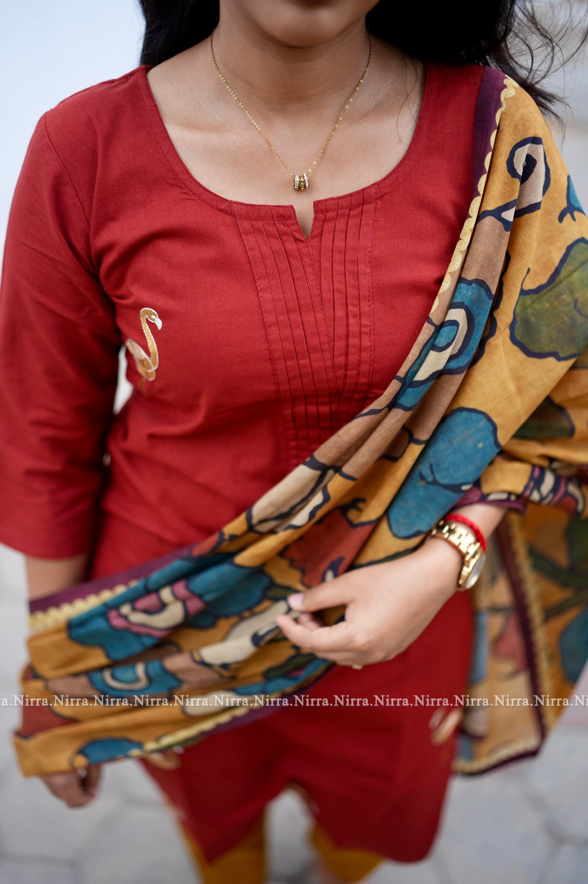 Red cotton embroidery salwar set with kalamkari shawl