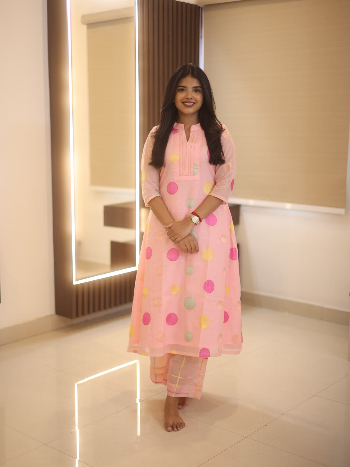 Baby pink chanderi embroidered Aline coord set