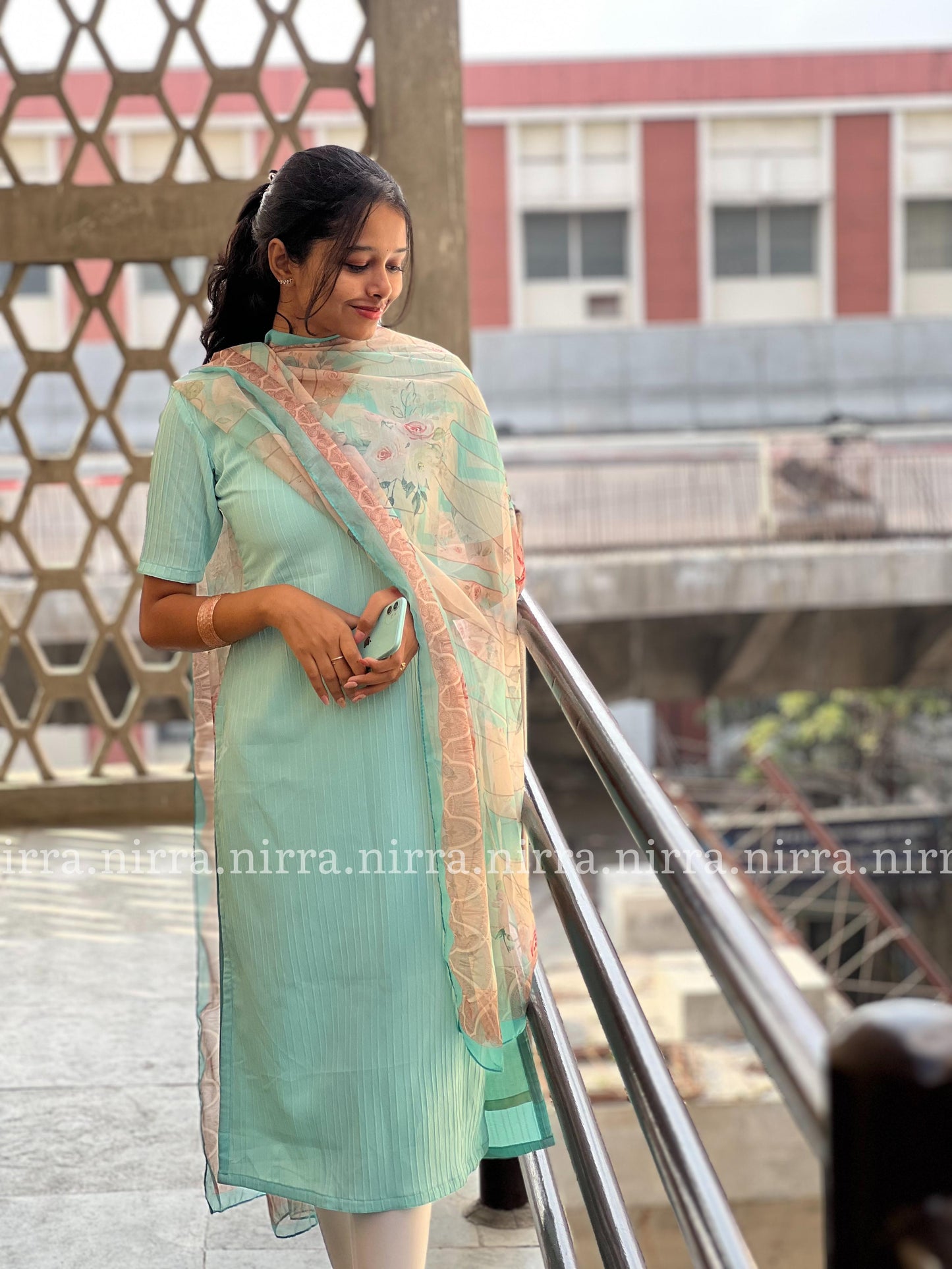 Blue popcorn top and organza shawl