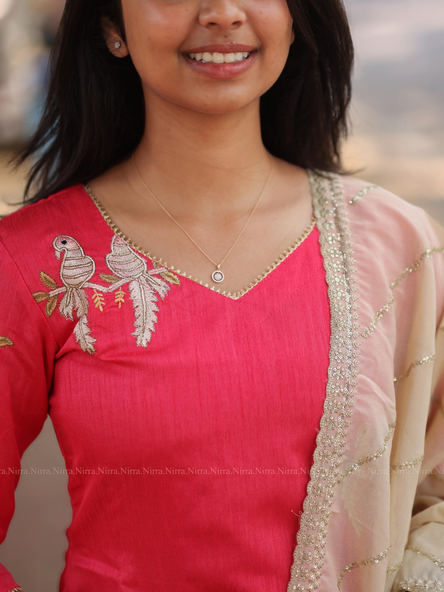 Pink bird embroidery raw silk with cream tissue shawl