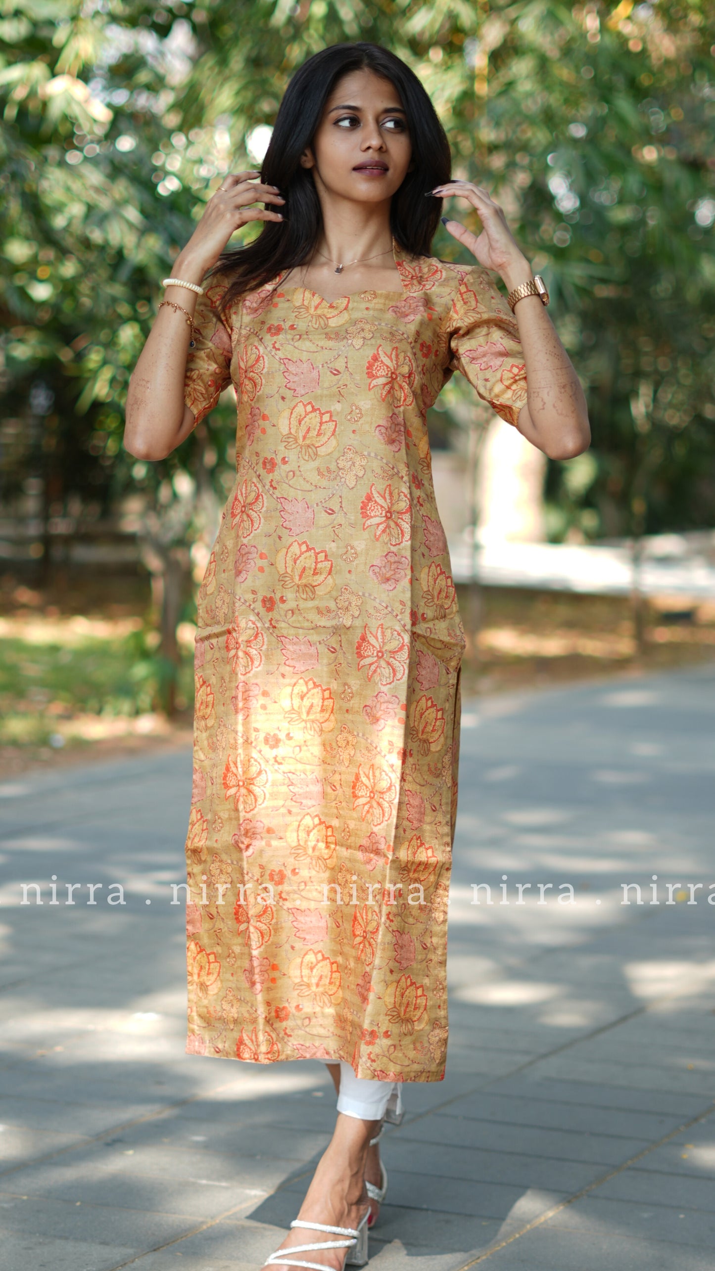 Mustard floral print tussar kurti