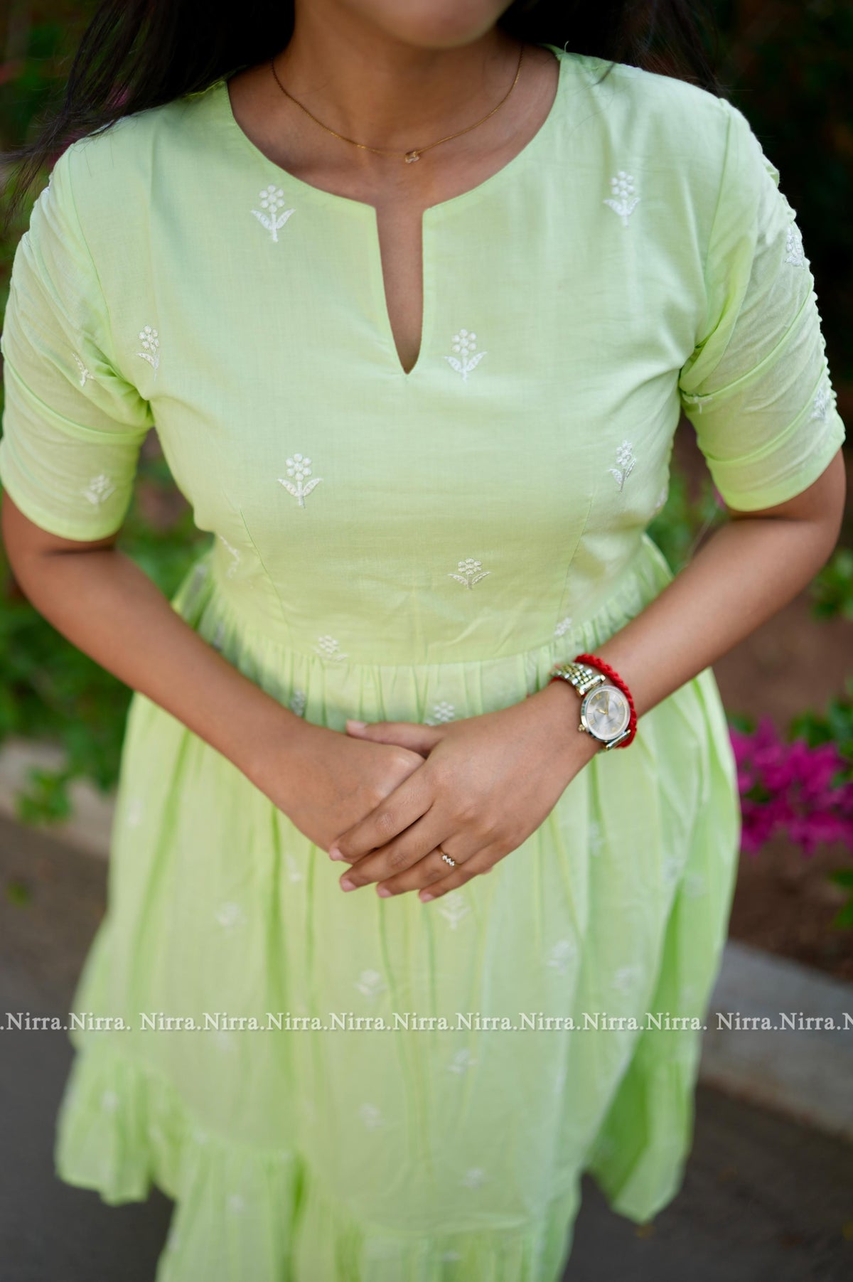 Pastel green embroidered cotton maxi