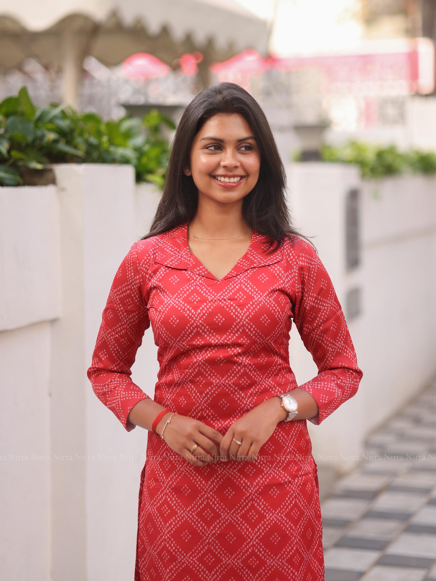 Red bandhini print modal satin kurti