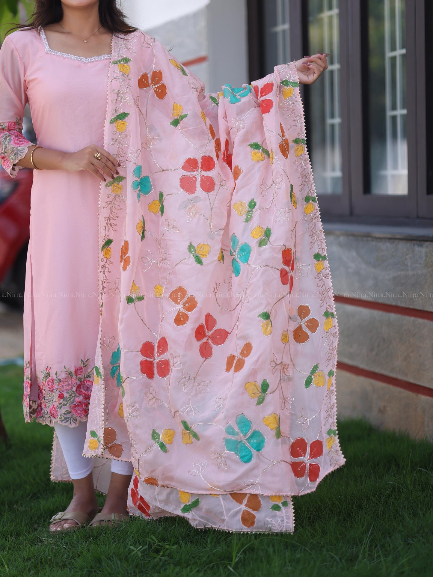 Baby pink organza embroidery top and shawl
