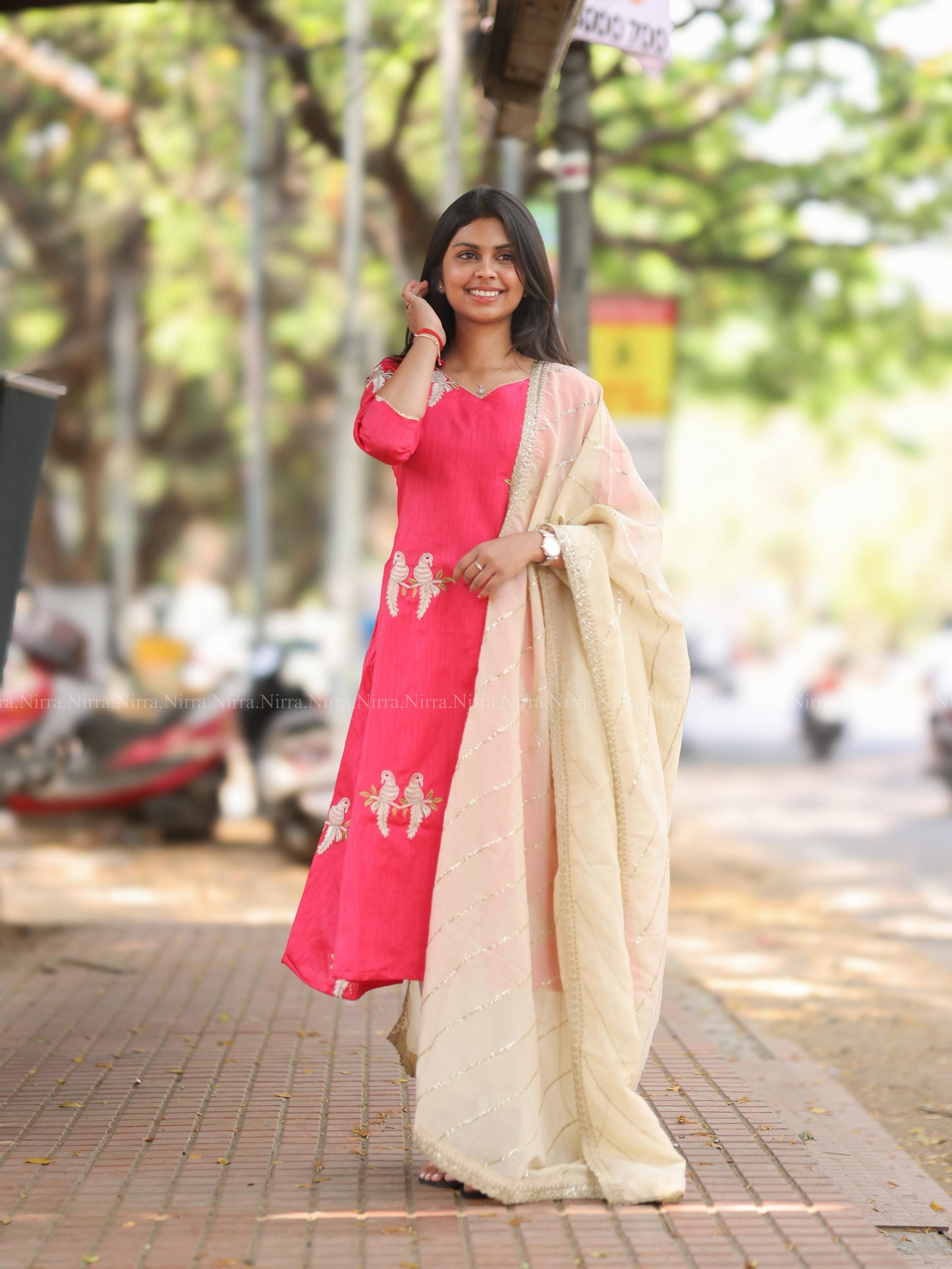 Pink bird embroidery raw silk with cream tissue shawl