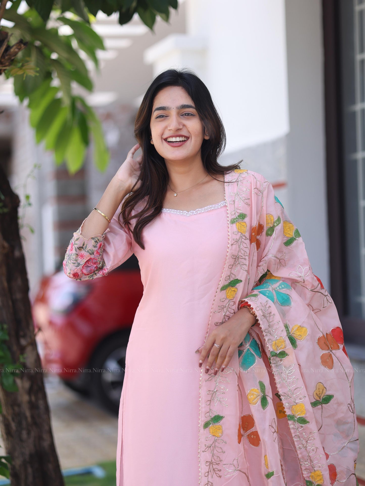 Baby pink organza embroidery top and shawl