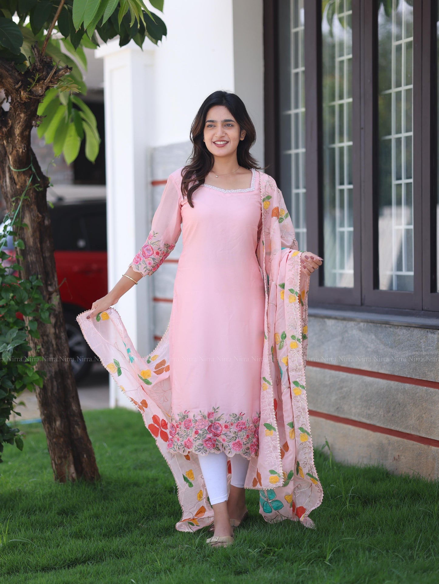 Baby pink organza embroidery top and shawl