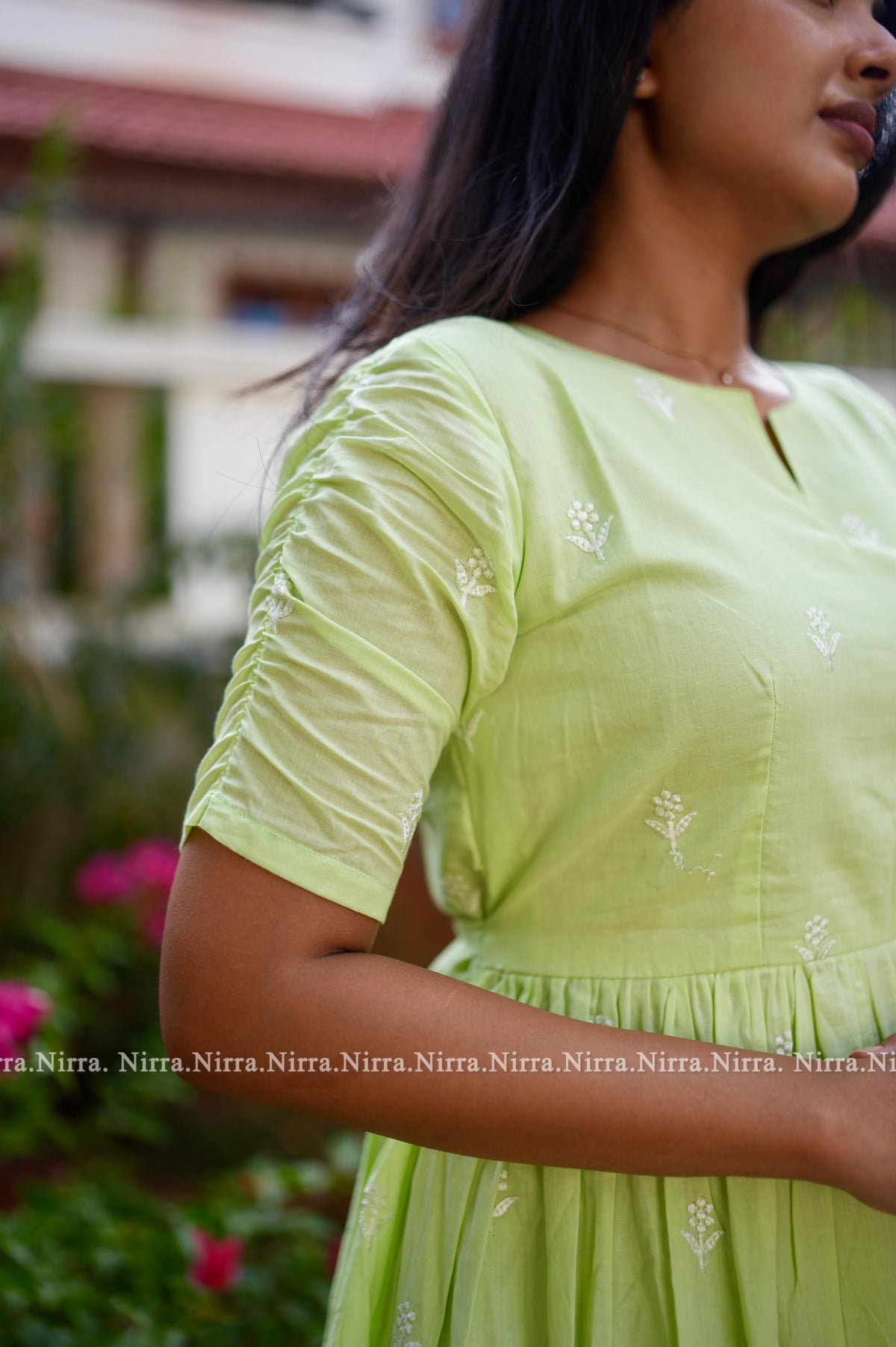 Pastel green embroidered cotton maxi