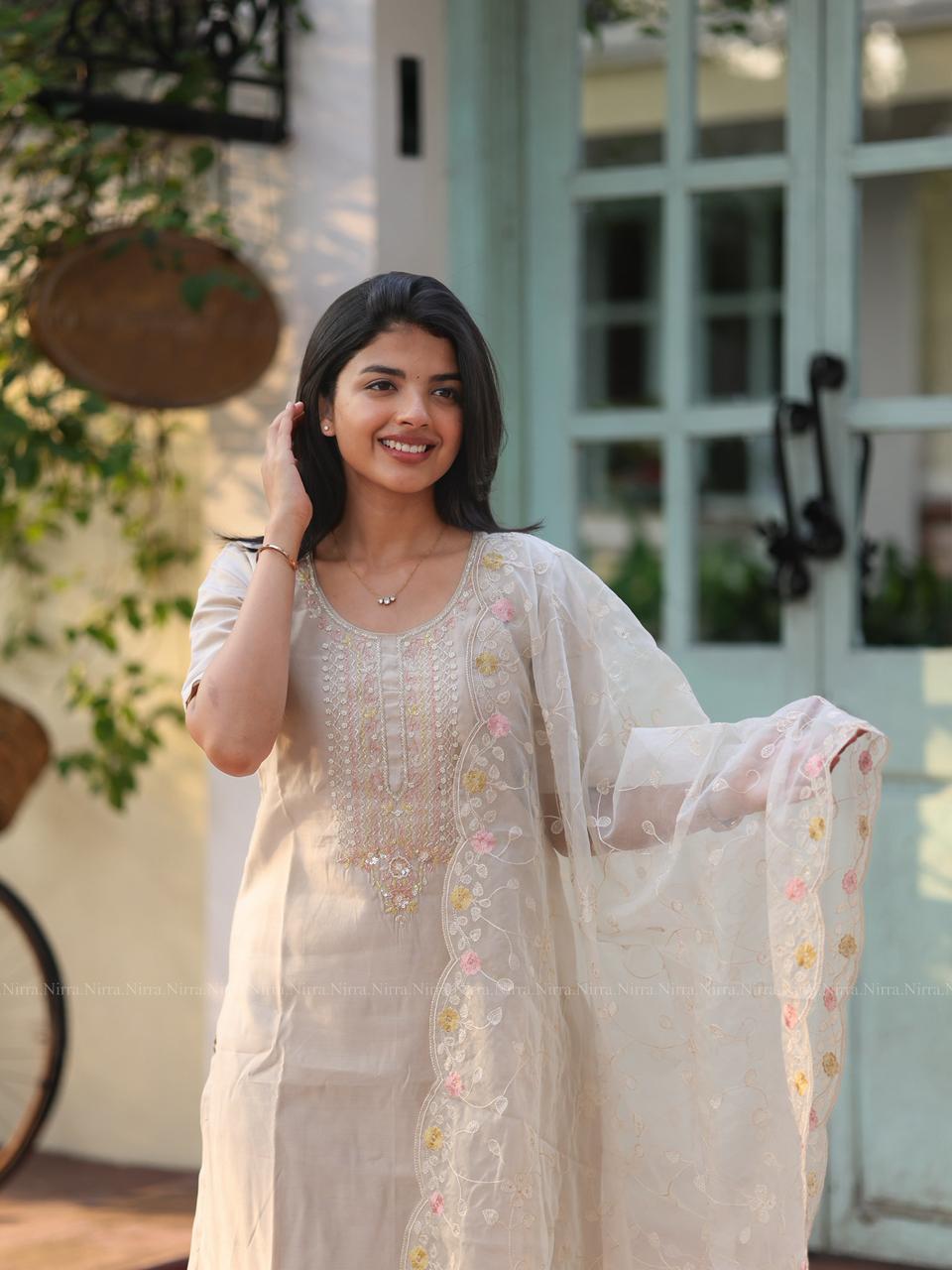 Ivory semi silk embroidery suit set with embroidery organza shawl