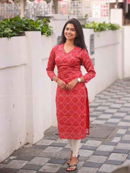 Red bandhini print modal satin kurti