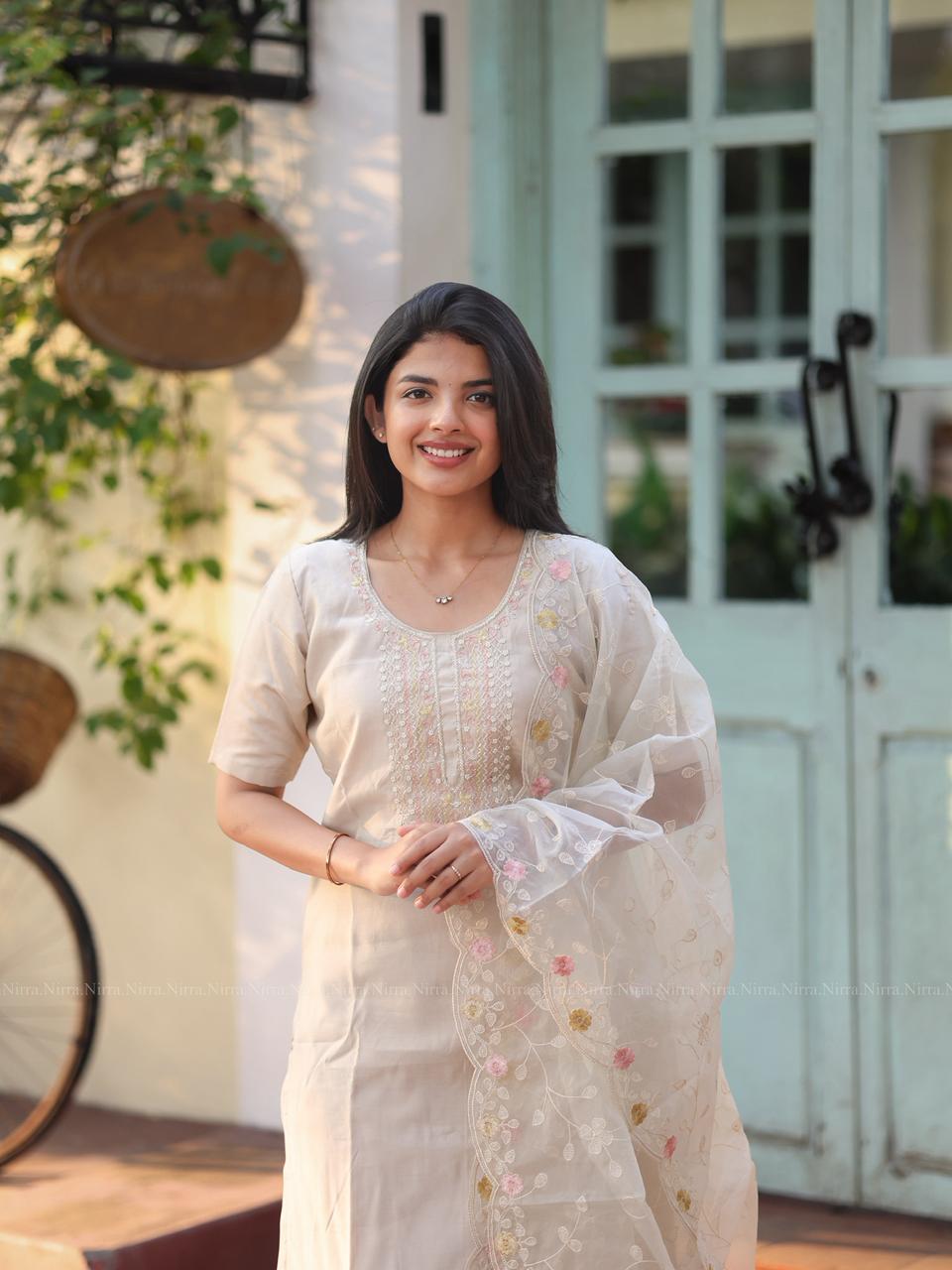 Ivory semi silk embroidery suit set with embroidery organza shawl