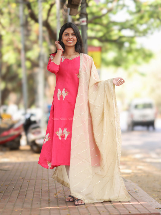 Pink bird embroidery raw silk with cream tissue shawl