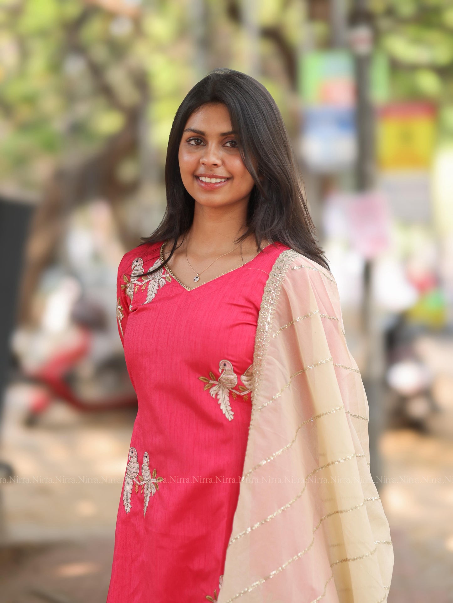Pink bird embroidery raw silk with cream tissue shawl