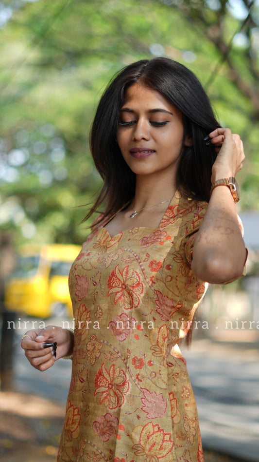 Mustard floral print tussar kurti