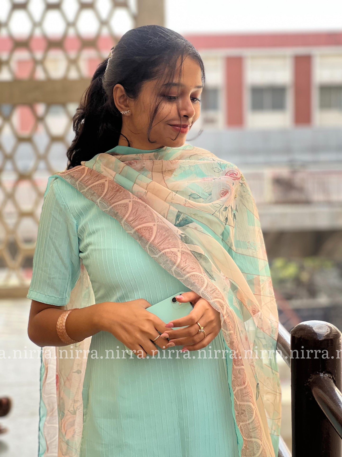 Blue popcorn top and organza shawl