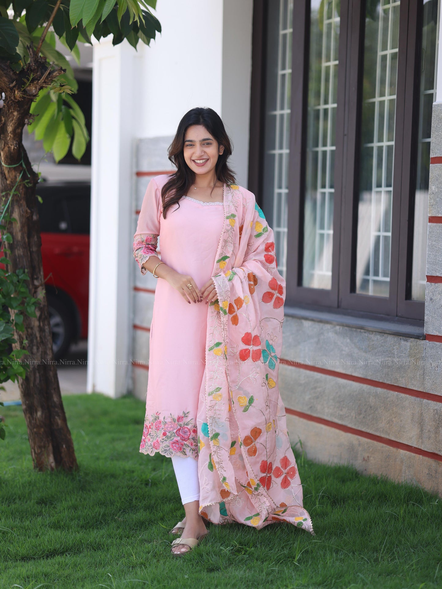 Baby pink organza embroidery top and shawl