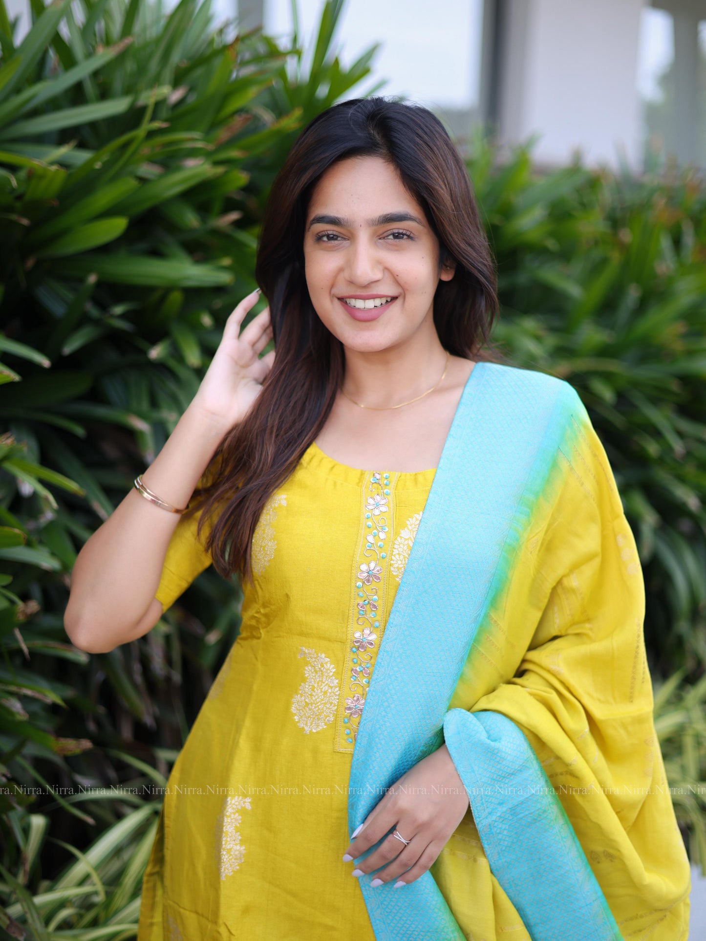 Yellow and blue silk salwar set