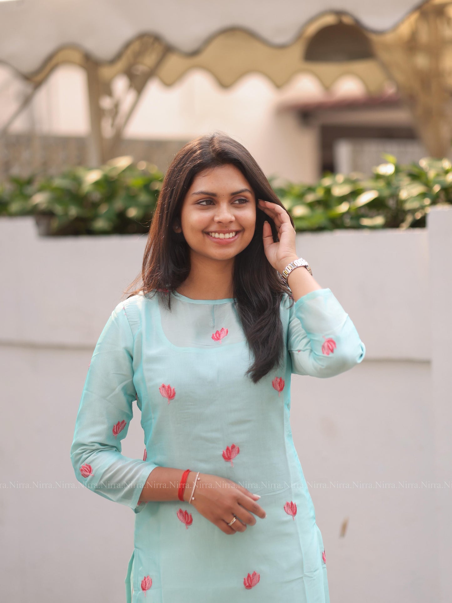 Blue embroidery organza kurti