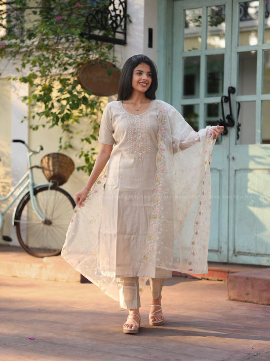 Ivory semi silk embroidery suit set with embroidery organza shawl