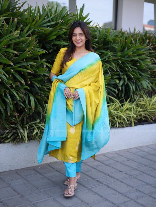 Yellow and blue silk salwar set