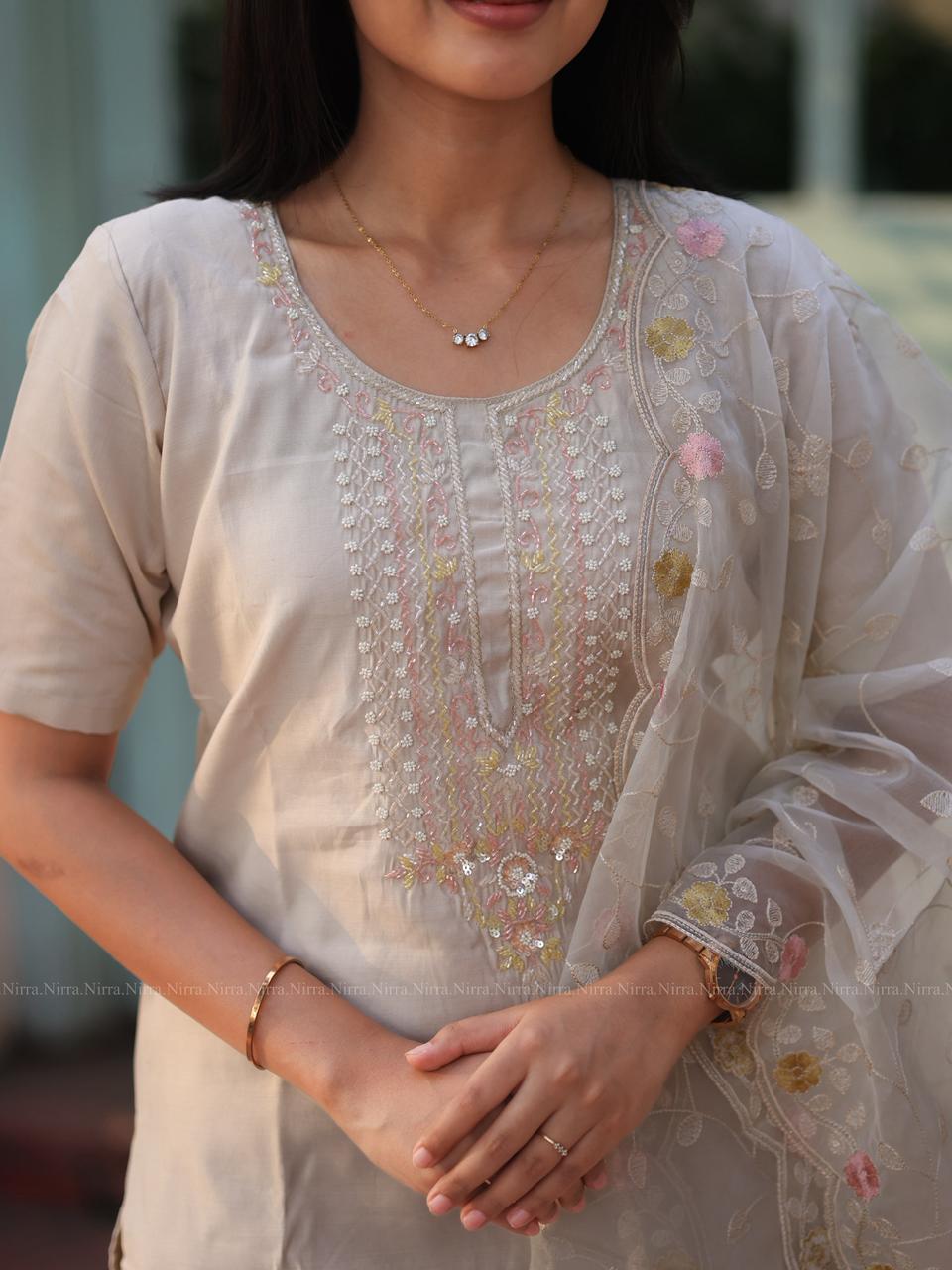 Ivory semi silk embroidery suit set with embroidery organza shawl