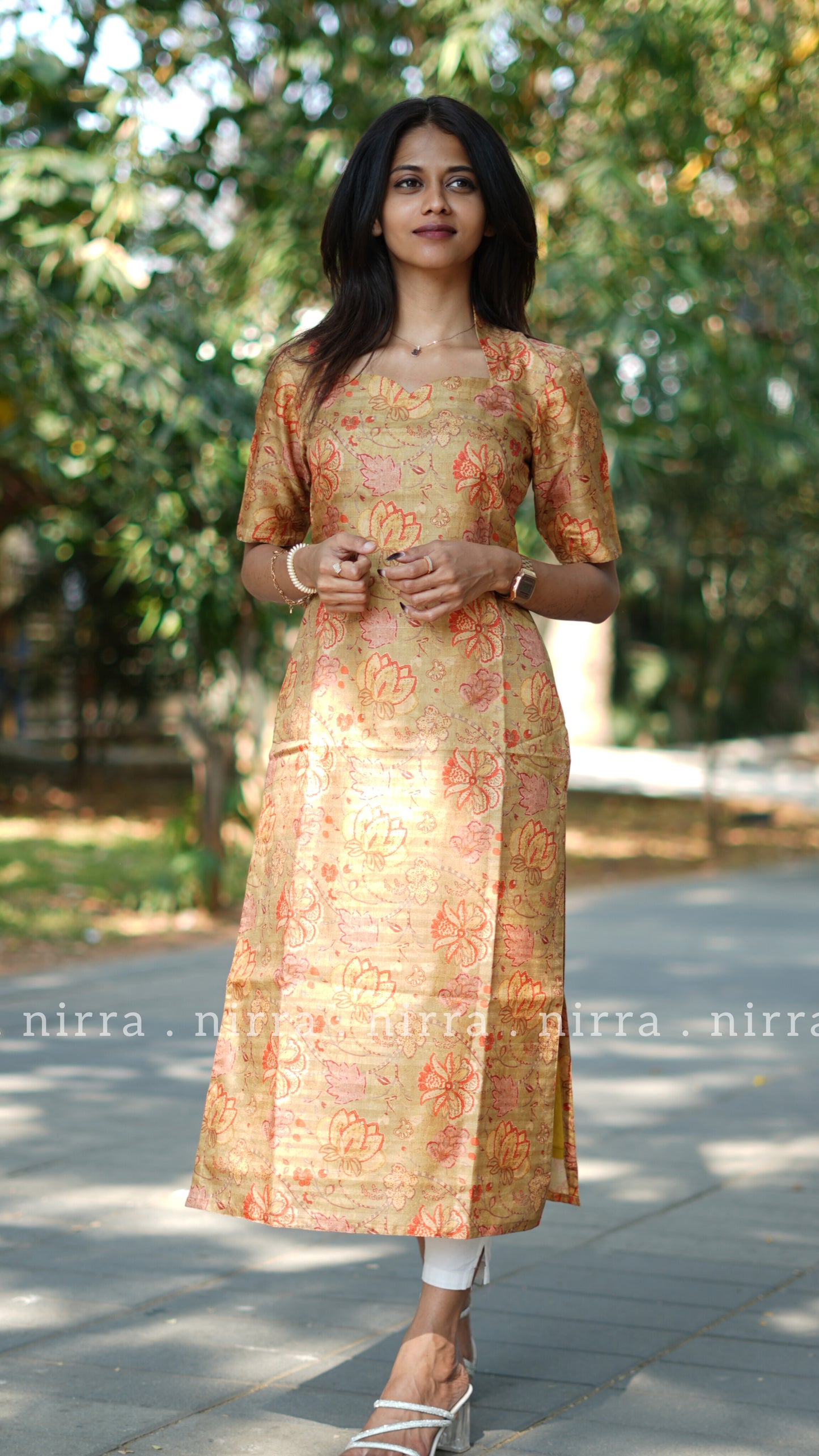 Mustard floral print tussar kurti