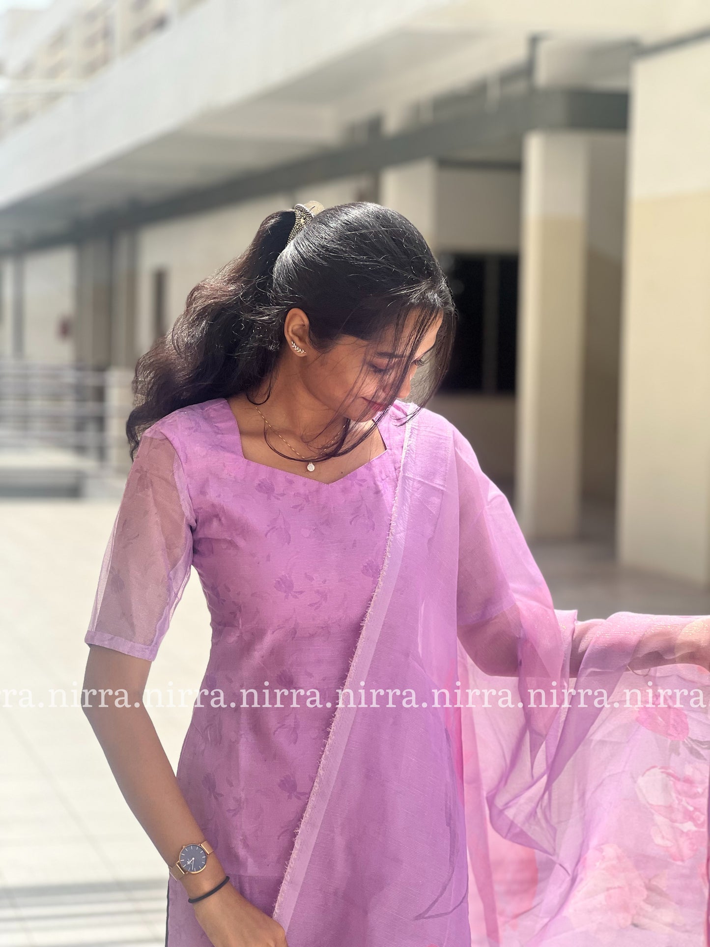 Lilac tissue kurti with floral print tissue duppata