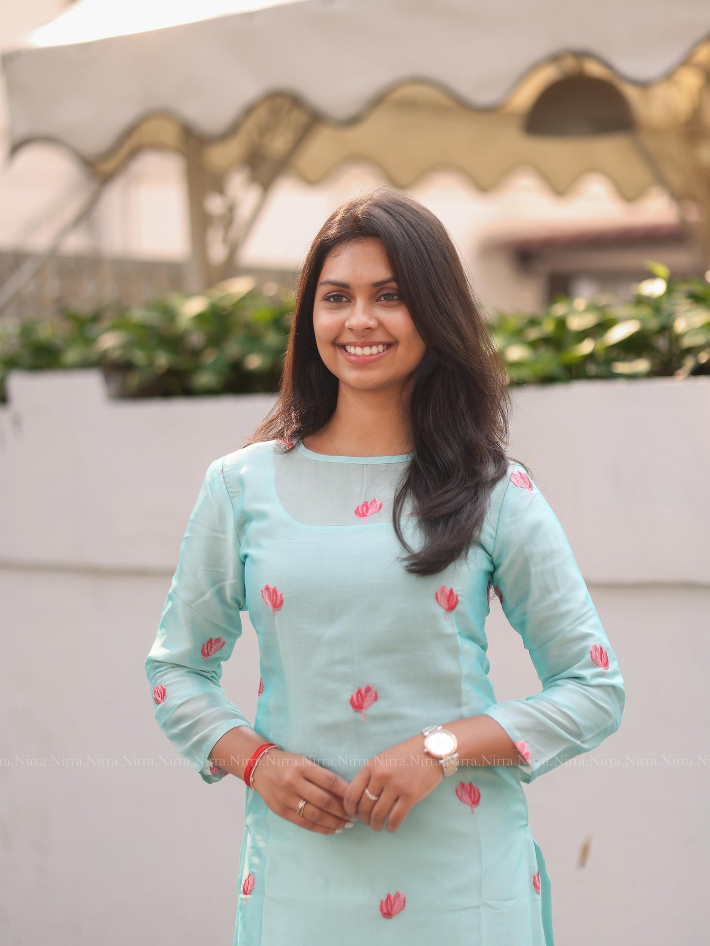 Blue embroidery organza kurti
