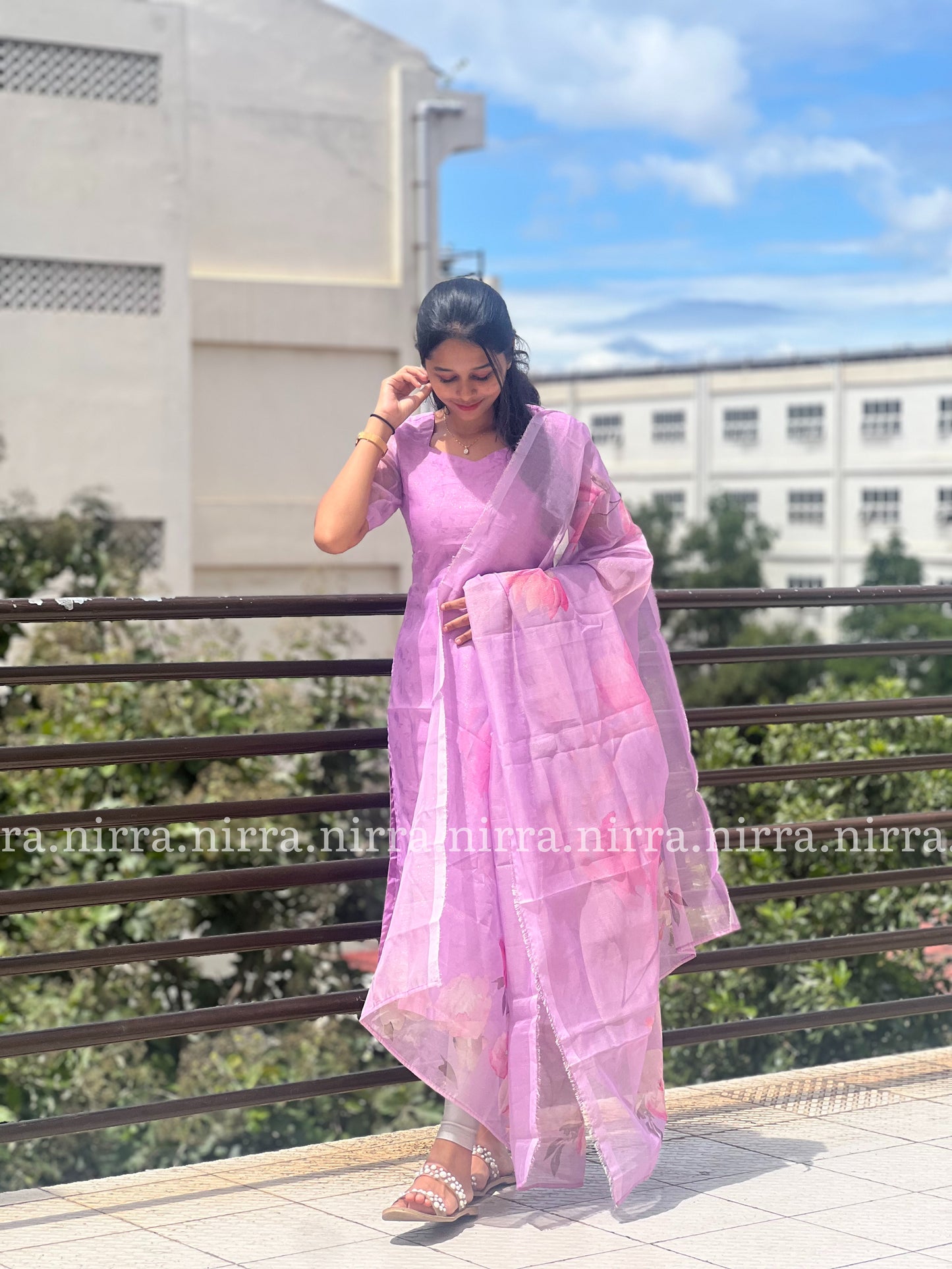 Lilac tissue kurti with floral print tissue duppata