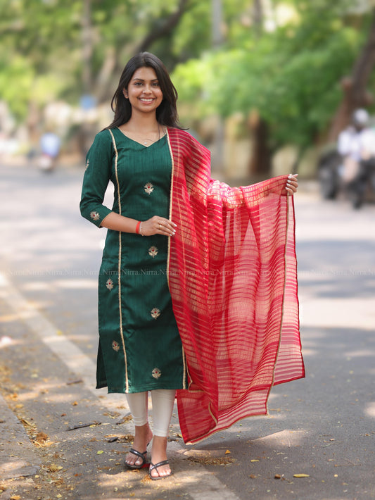 Bottle green embroidery kurti with red tissue shawl
