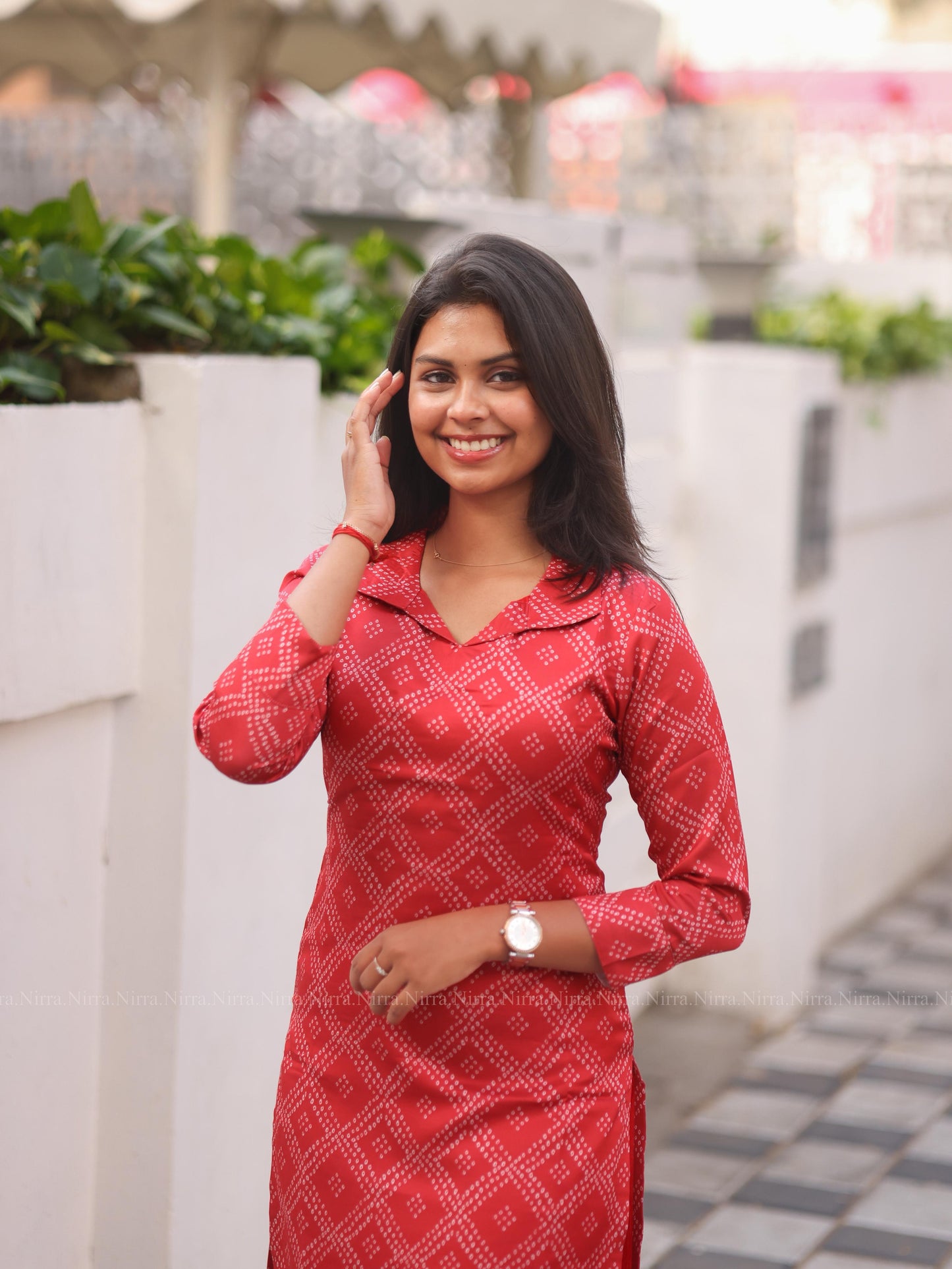 Red bandhini print modal satin kurti