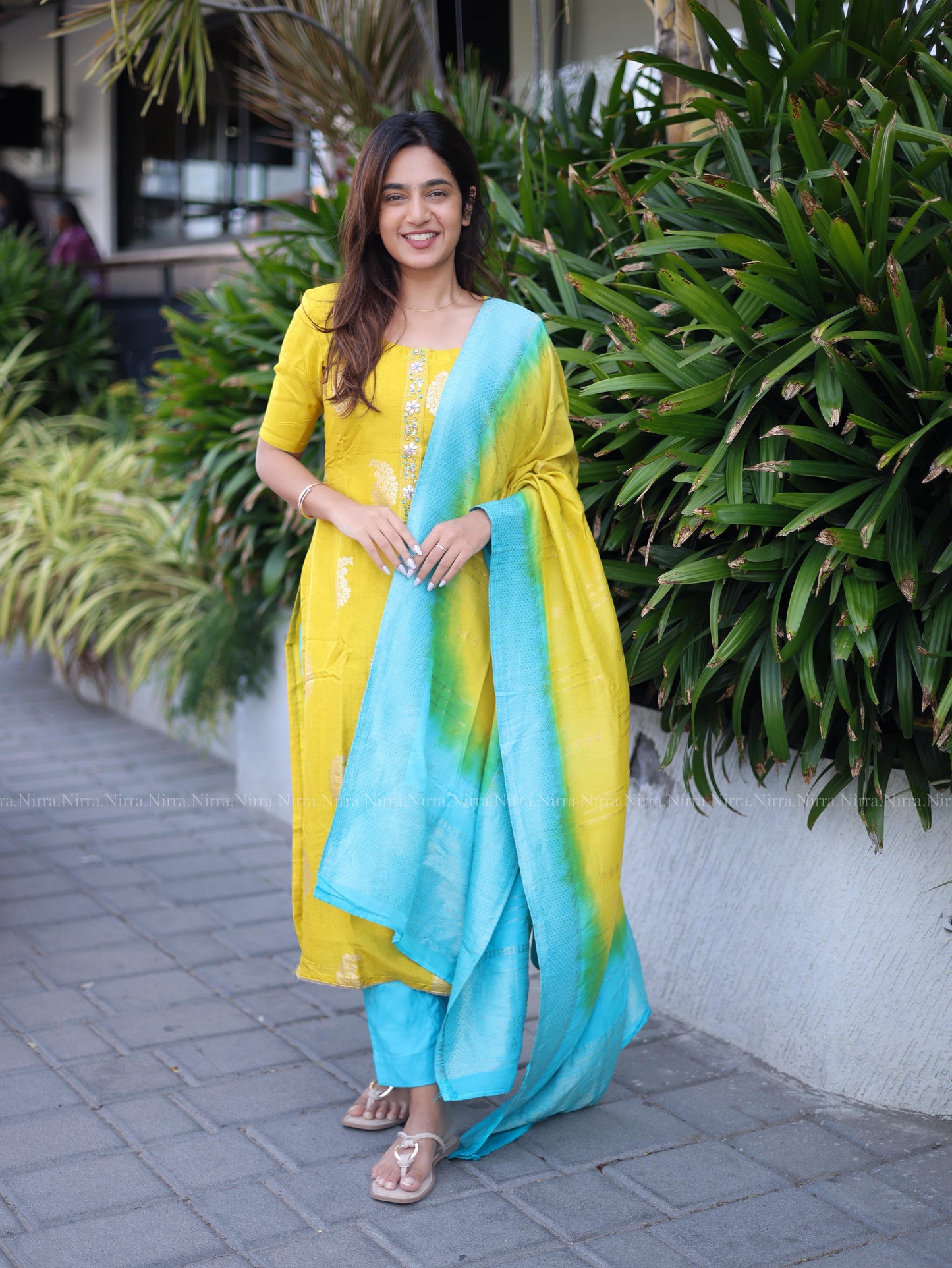 Yellow and blue silk salwar set