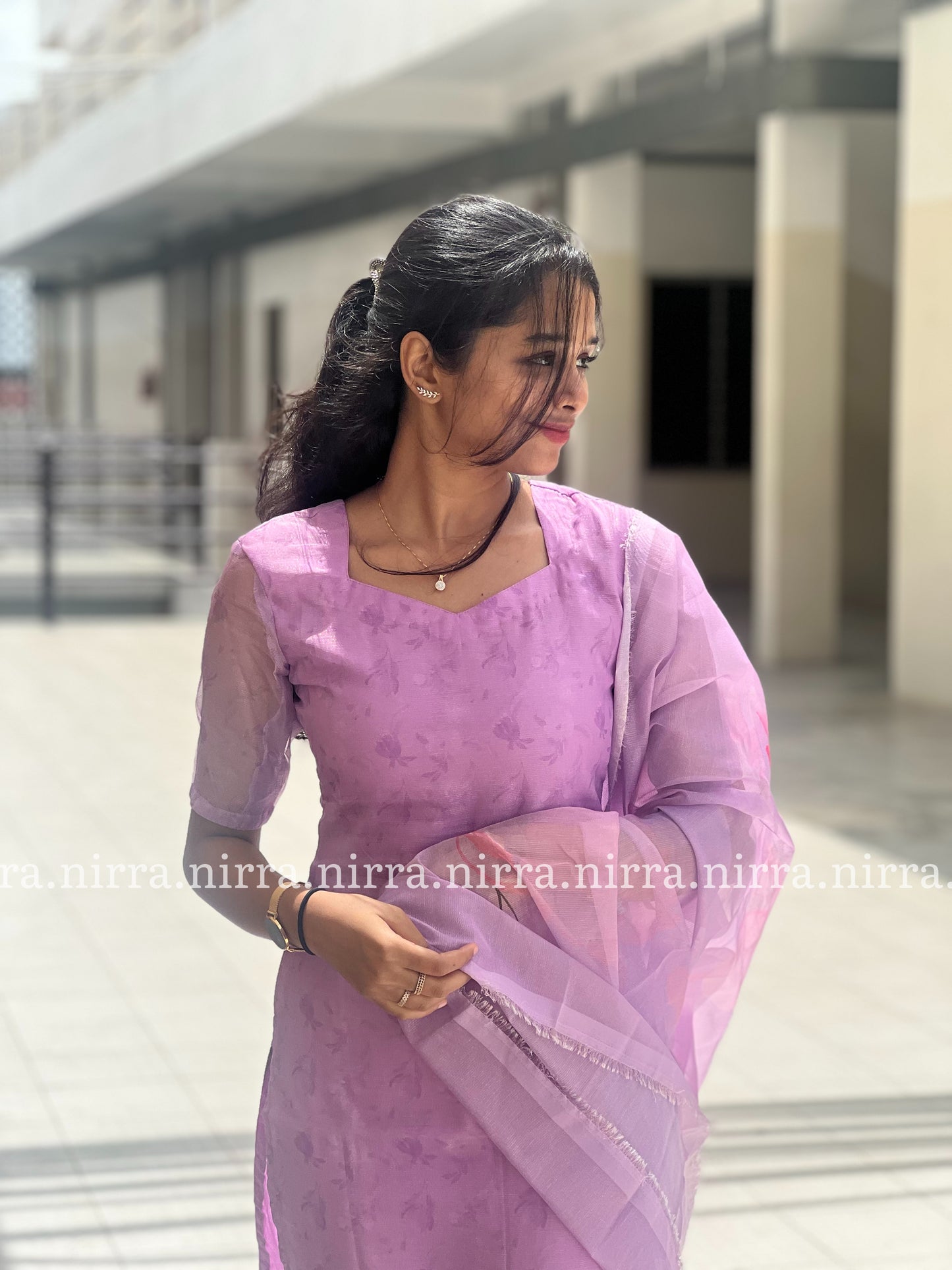 Lilac tissue kurti with floral print tissue duppata