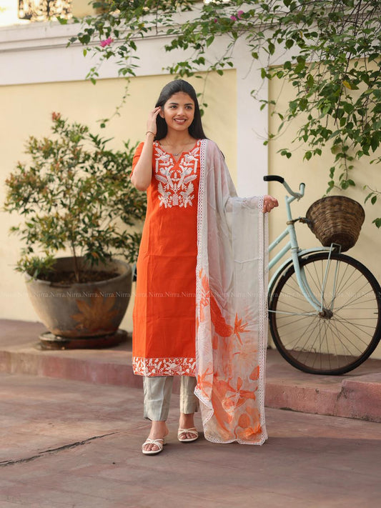 Orange and grey soft mul Chanderi suit set with bird embroidery